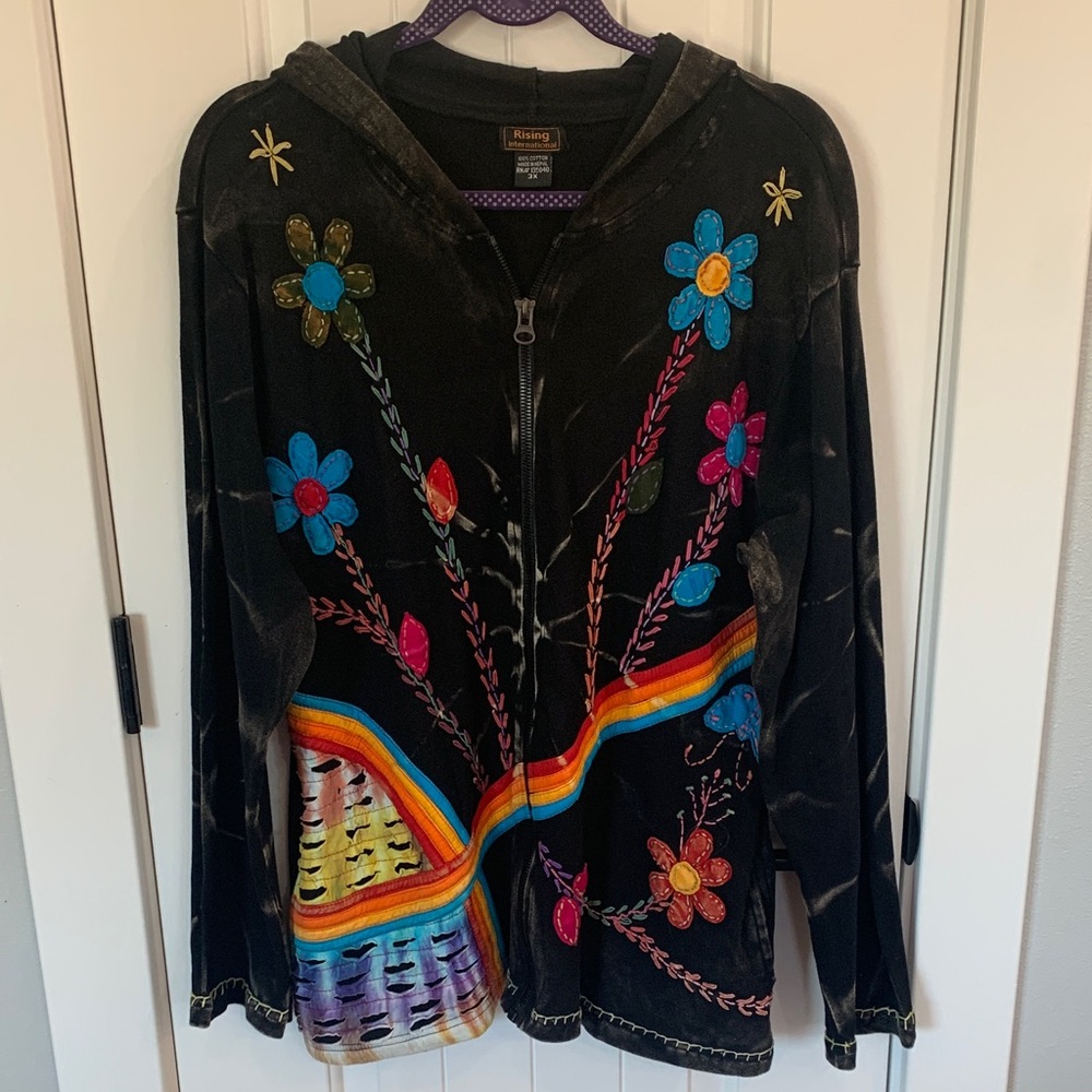 Rising International Black Bomber Jacket with Multicolor Floral Design size 3X
